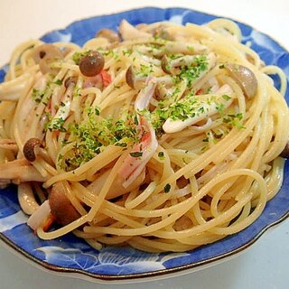 麺つゆで　しめじとかにかまの和風パスタ